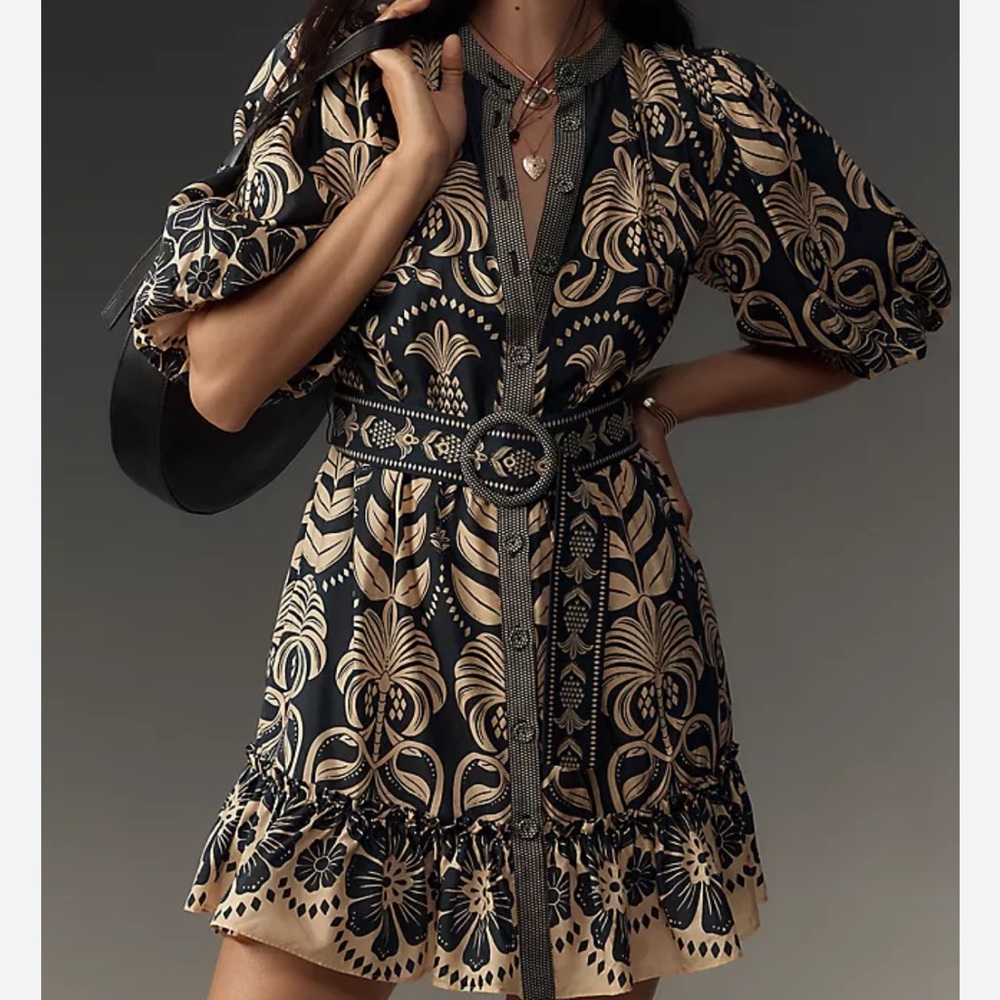 FARM Rio Black and Tan Bishop Sleeve Mini Dress Medium